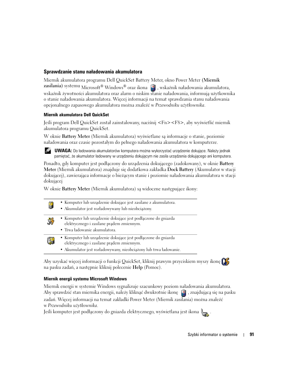 Sprawdzanie stanu naładowania akumulatora | Dell Precision M70 User Manual | Page 91 / 176