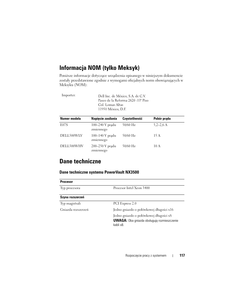 Informacja nom (tylko meksyk), Dane techniczne, Dane techniczne systemu powervault nx3500 | Dell PowerVault NX3500 User Manual | Page 119 / 208