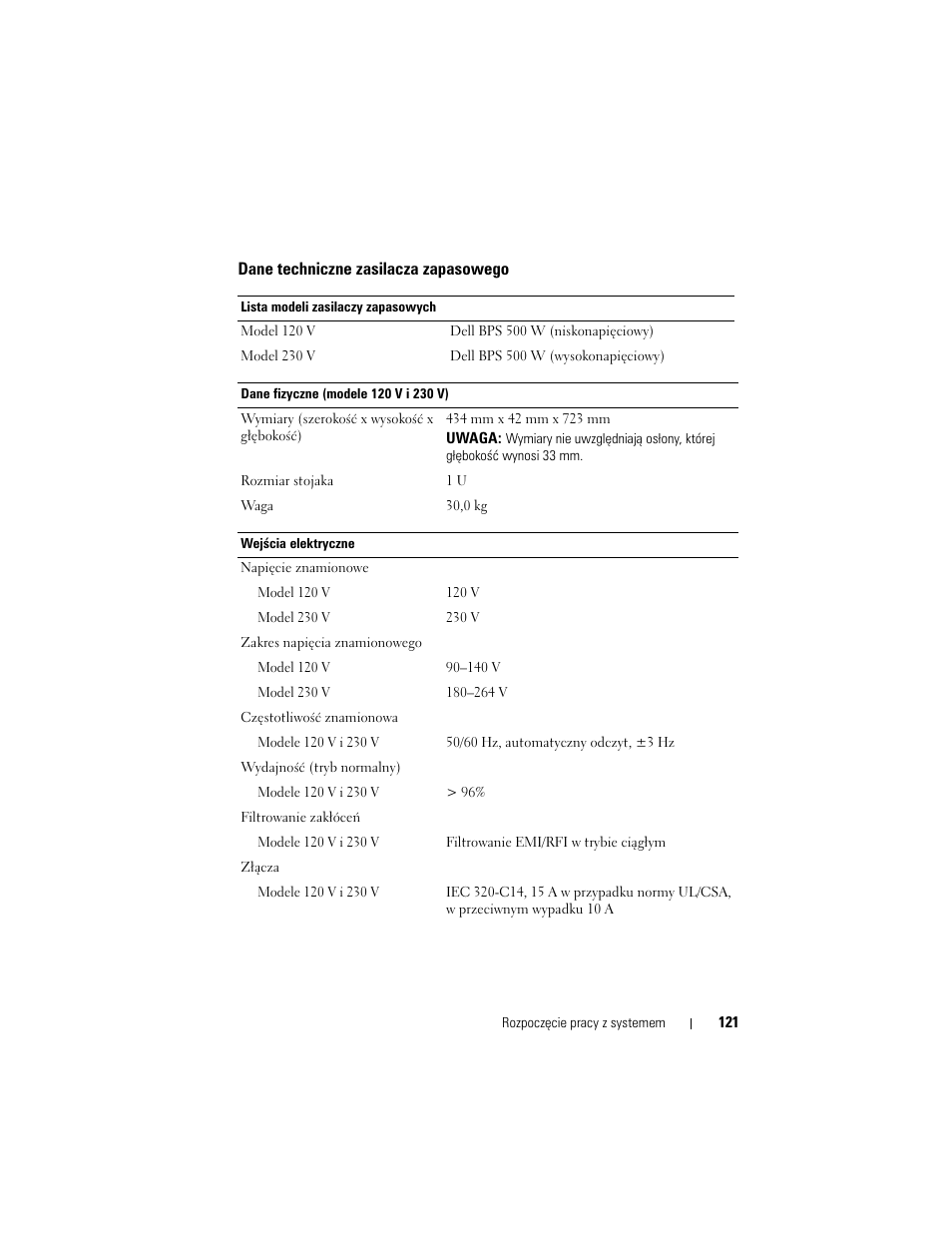 Dane techniczne zasilacza zapasowego | Dell PowerVault NX3500 User Manual | Page 123 / 208