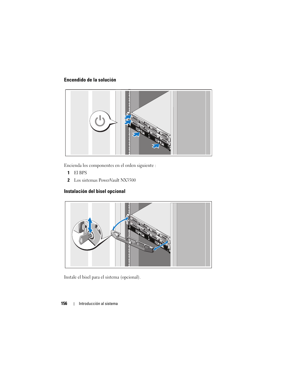 Encendido de la solución, Instalación del bisel opcional | Dell PowerVault NX3500 User Manual | Page 158 / 208