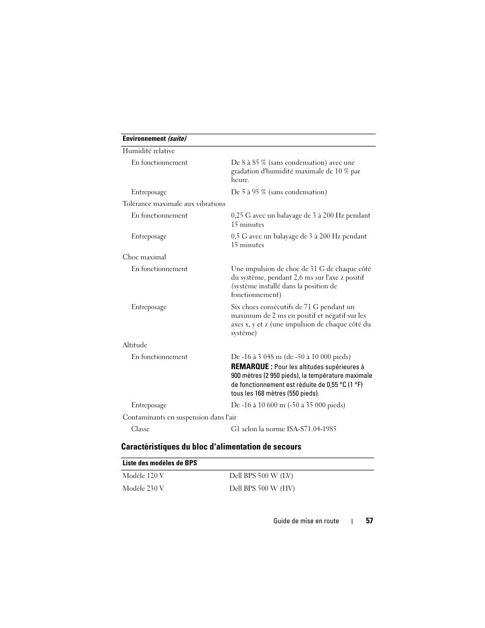 Caractéristiques du bloc d'alimentation de secours | Dell PowerVault NX3500 User Manual | Page 59 / 208