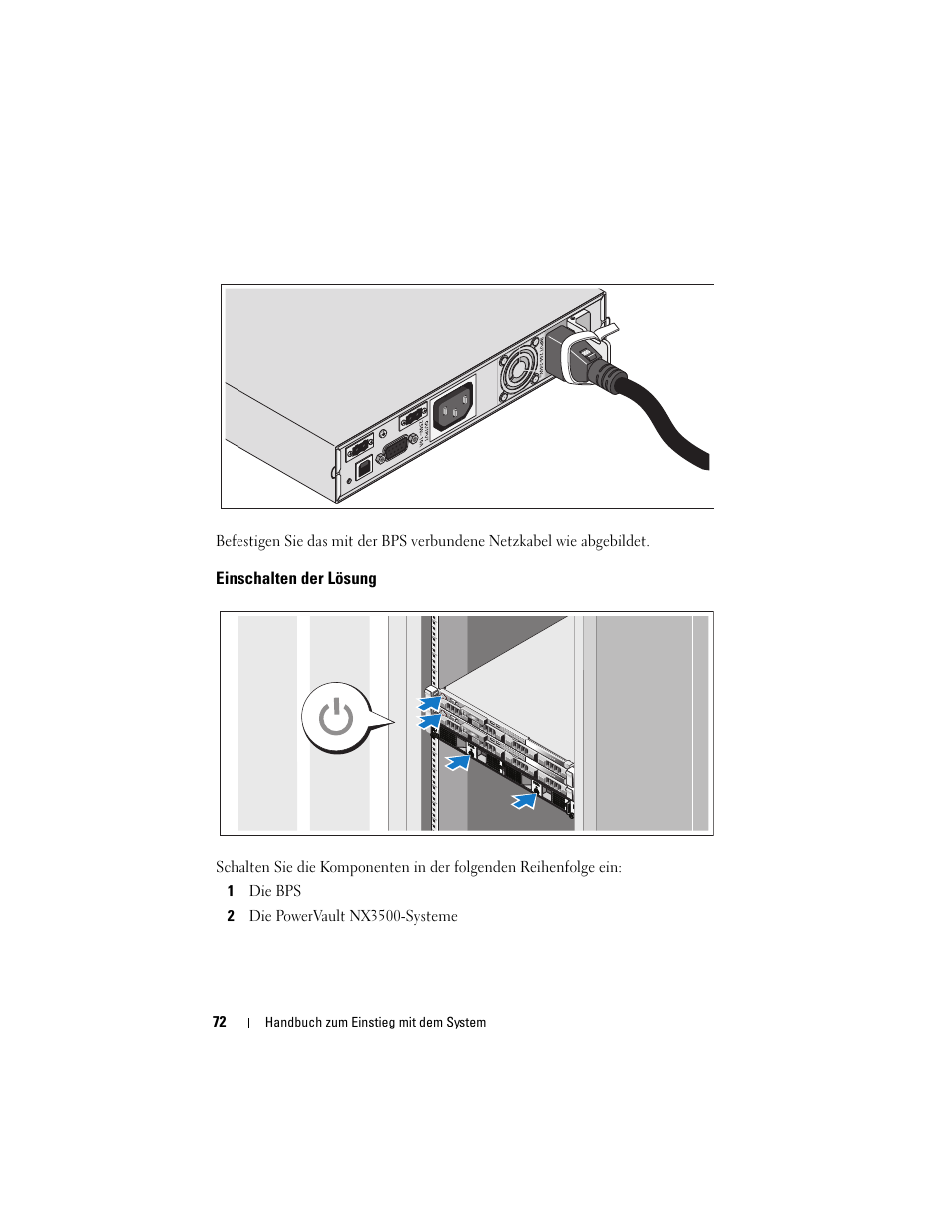 Einschalten der lösung | Dell PowerVault NX3500 User Manual | Page 74 / 208