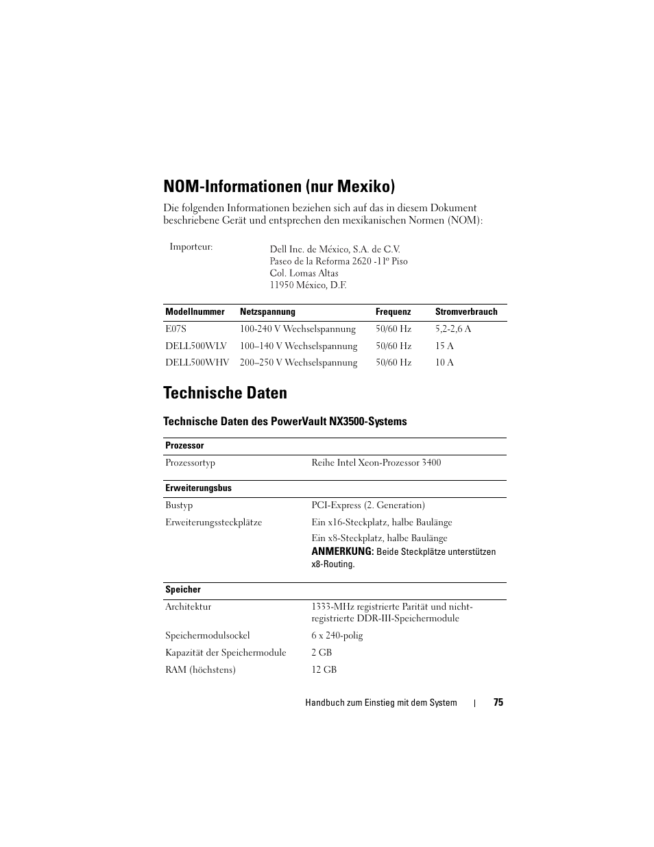 Nom-informationen (nur mexiko), Technische daten, Technische daten des powervault nx3500-systems | Dell PowerVault NX3500 User Manual | Page 77 / 208