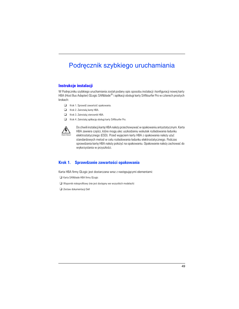 Podr ęcznik szybkiego uruchamiania, Instrukcje instalacji, Krok 1. sprawdzanie zawartości opakowania | Dell PowerEdge M605 User Manual | Page 51 / 82