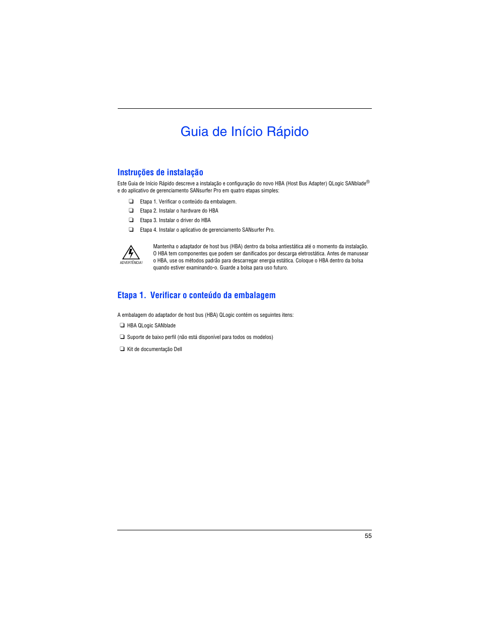 Guia de início rápido, Instruções de instalação, Etapa 1. verificar o conteúdo da embalagem | Dell PowerEdge M605 User Manual | Page 57 / 82