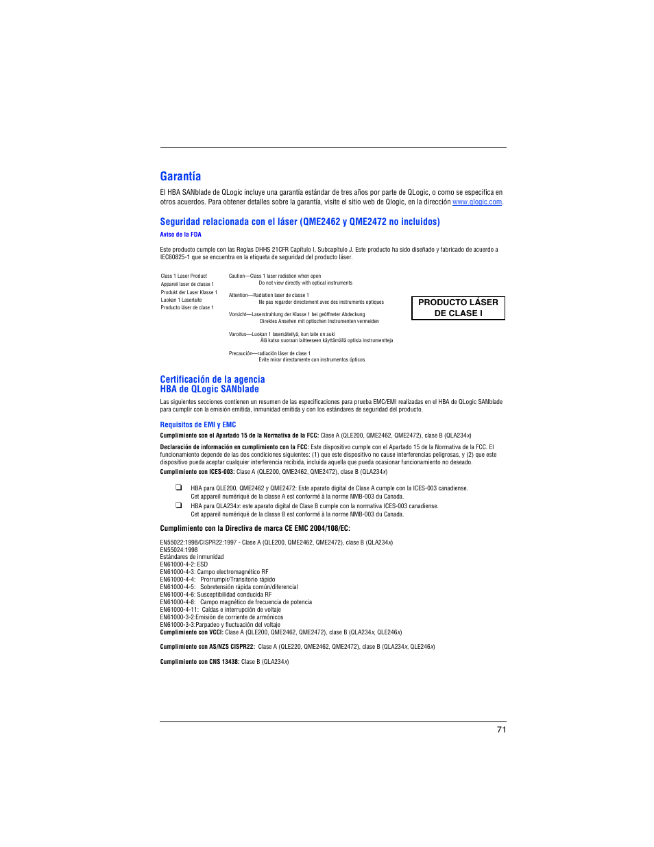 Garantía, Certificación de la agencia hba de qlogic sanblade | Dell PowerEdge M605 User Manual | Page 73 / 82