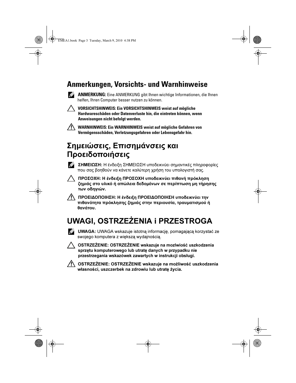 Anmerkungen, vorsichts- und warnhinweise, Σημειώσεις, επισημάνσεις και προειδοποιήσεις, Uwagi, ostrzeżenia i przestroga | Dell PowerVault ML6000 User Manual | Page 3 / 108