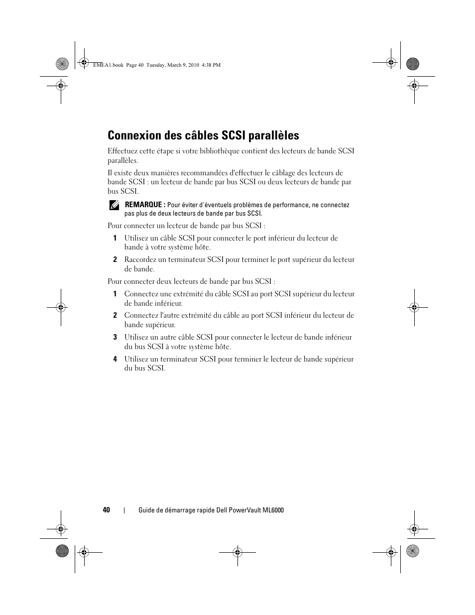 Connexion des câbles scsi parallèles | Dell PowerVault ML6000 User Manual | Page 40 / 108