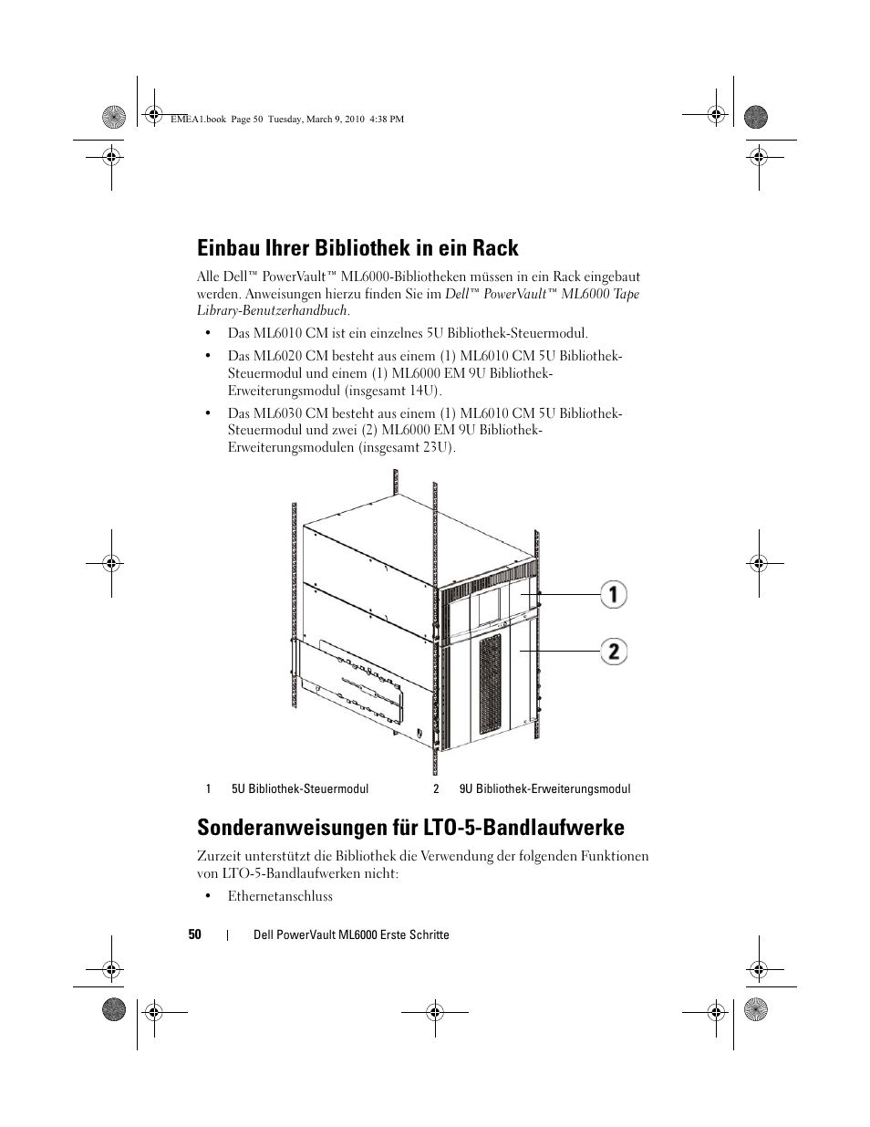 Einbau ihrer bibliothek in ein rack, Sonderanweisungen für lto-5-bandlaufwerke | Dell PowerVault ML6000 User Manual | Page 50 / 108