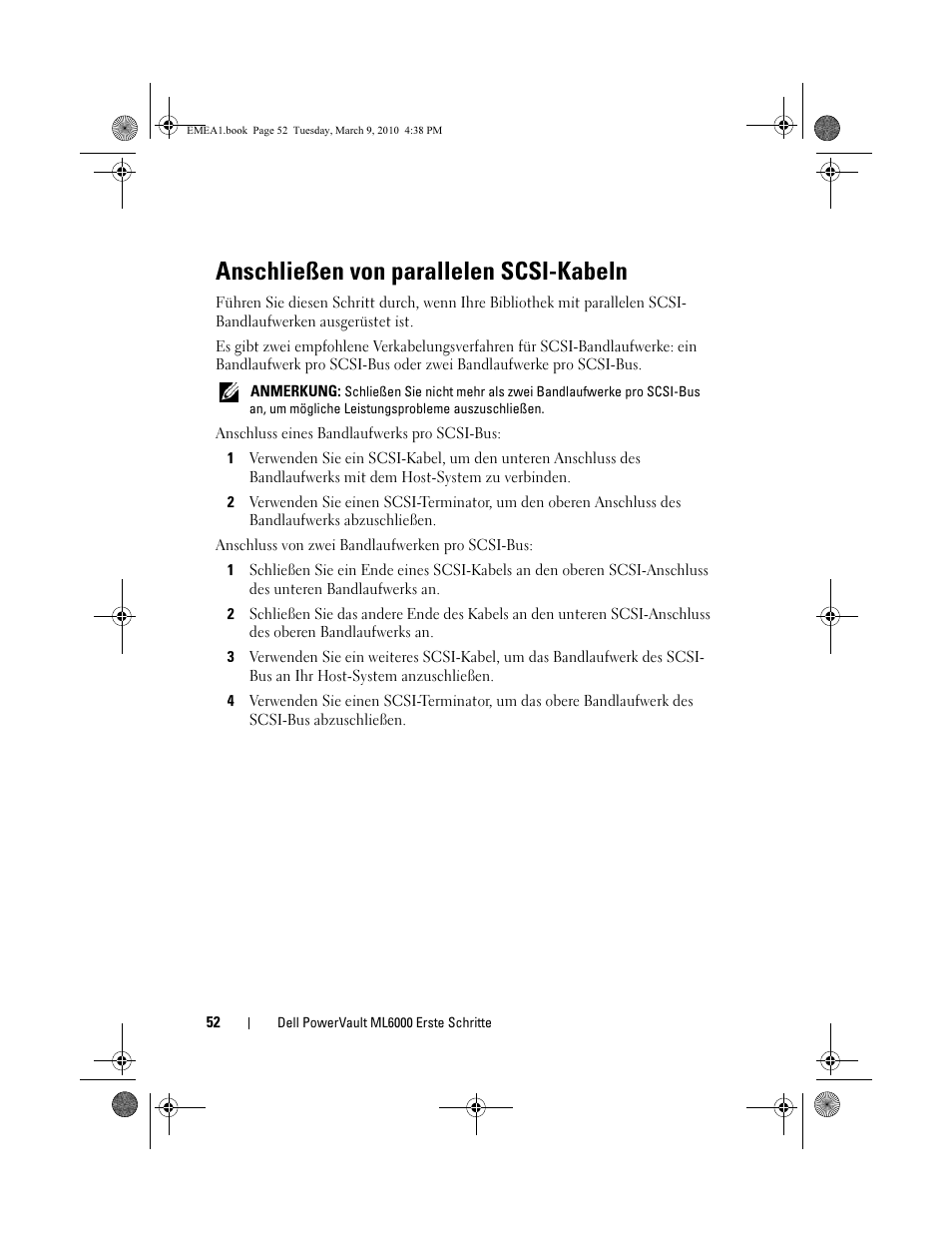 Anschließen von parallelen scsi-kabeln | Dell PowerVault ML6000 User Manual | Page 52 / 108