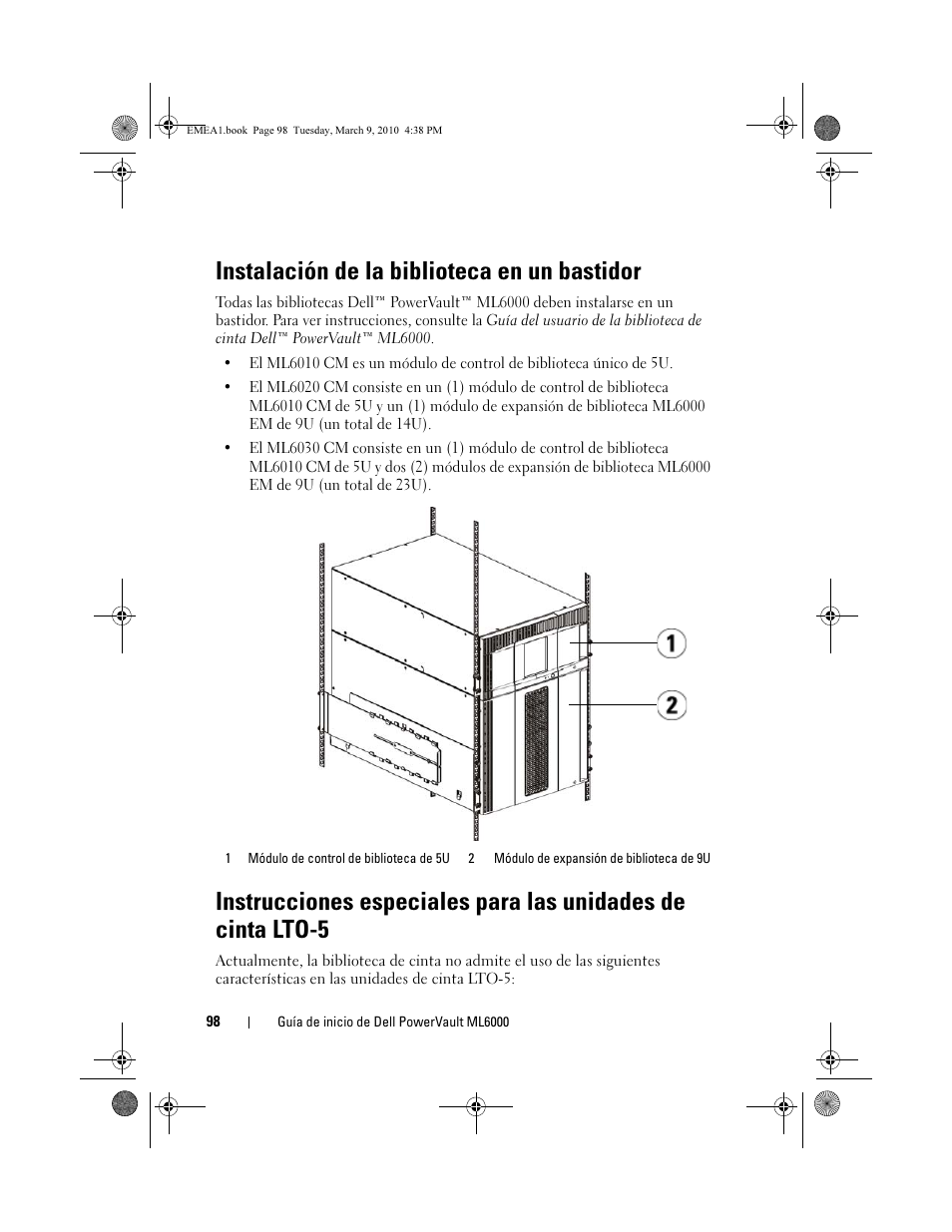 Instalación de la biblioteca en un bastidor | Dell PowerVault ML6000 User Manual | Page 98 / 108