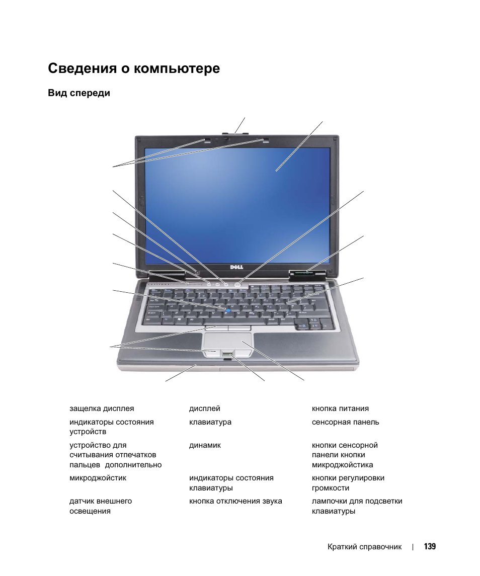 Сведения о компьютере, Вид спереди, Сведения | Компьютере, Спереди | Dell Latitude D630 ATG User Manual | Page 139 / 178
