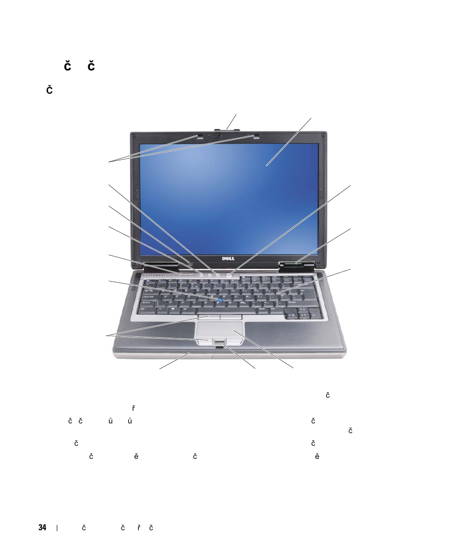 Počítač dell, Čelní pohled, Dell | Elní pohled, Po č íta č dell | Dell Latitude D630 ATG User Manual | Page 34 / 178