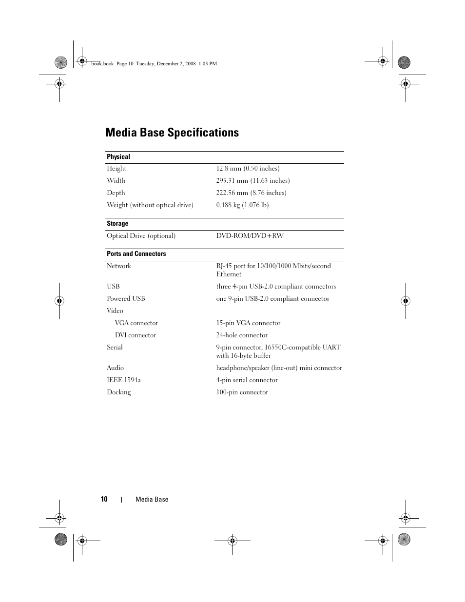 Media base specifications | Dell Latitude XT2 User Manual | Page 12 / 138