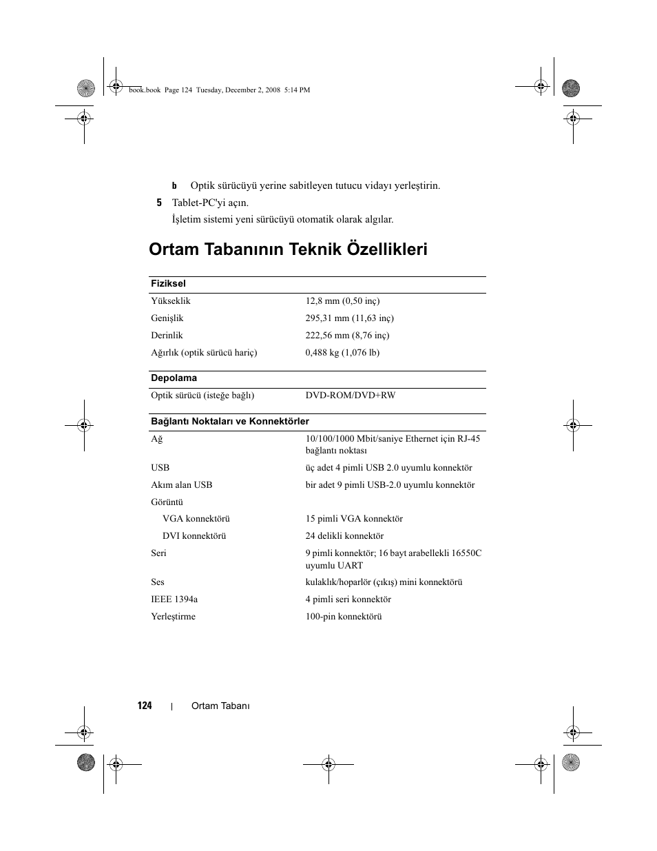 Ortam tabanının teknik özellikleri | Dell Latitude XT2 User Manual | Page 126 / 138