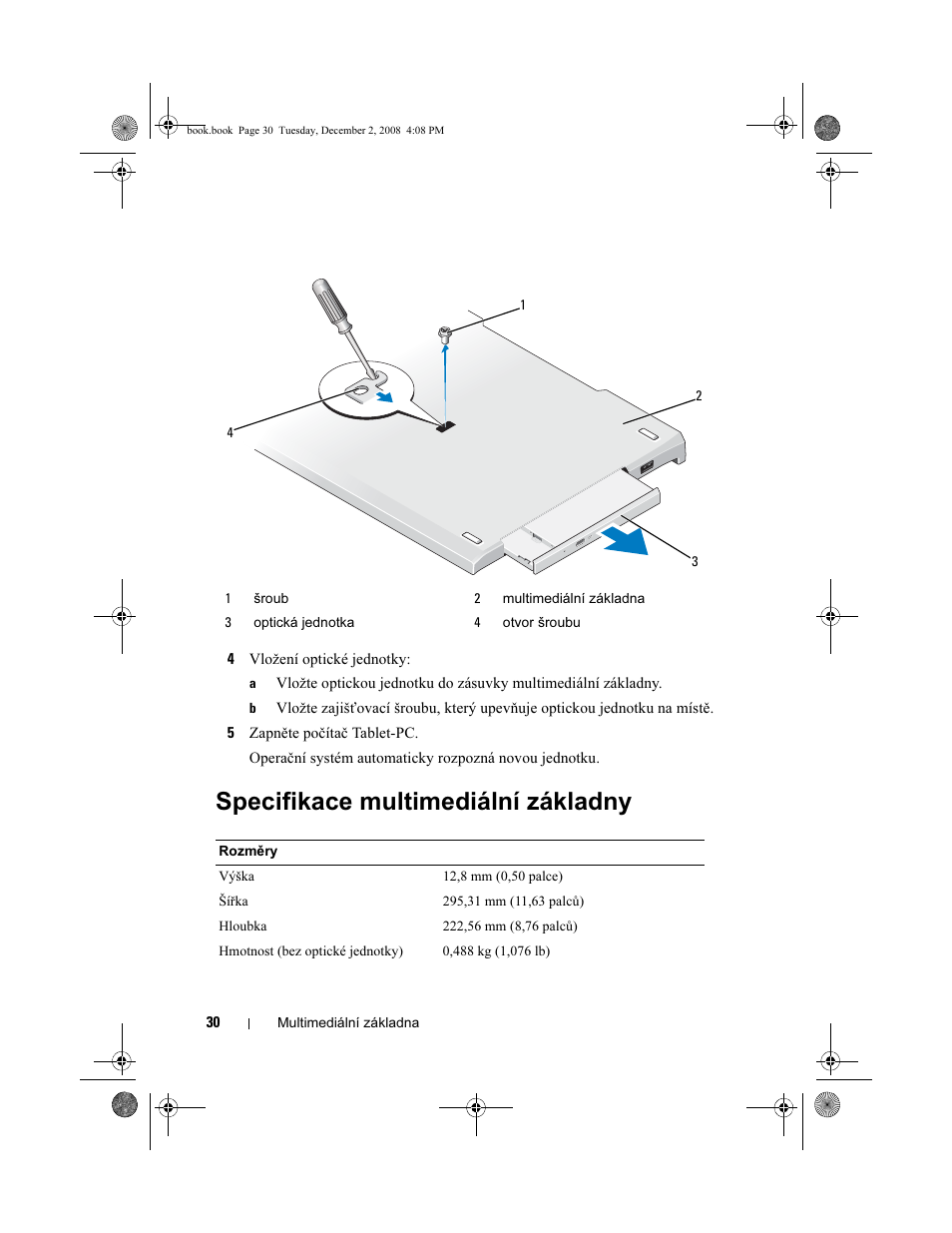Specifikace multimediální základny | Dell Latitude XT2 User Manual | Page 32 / 138
