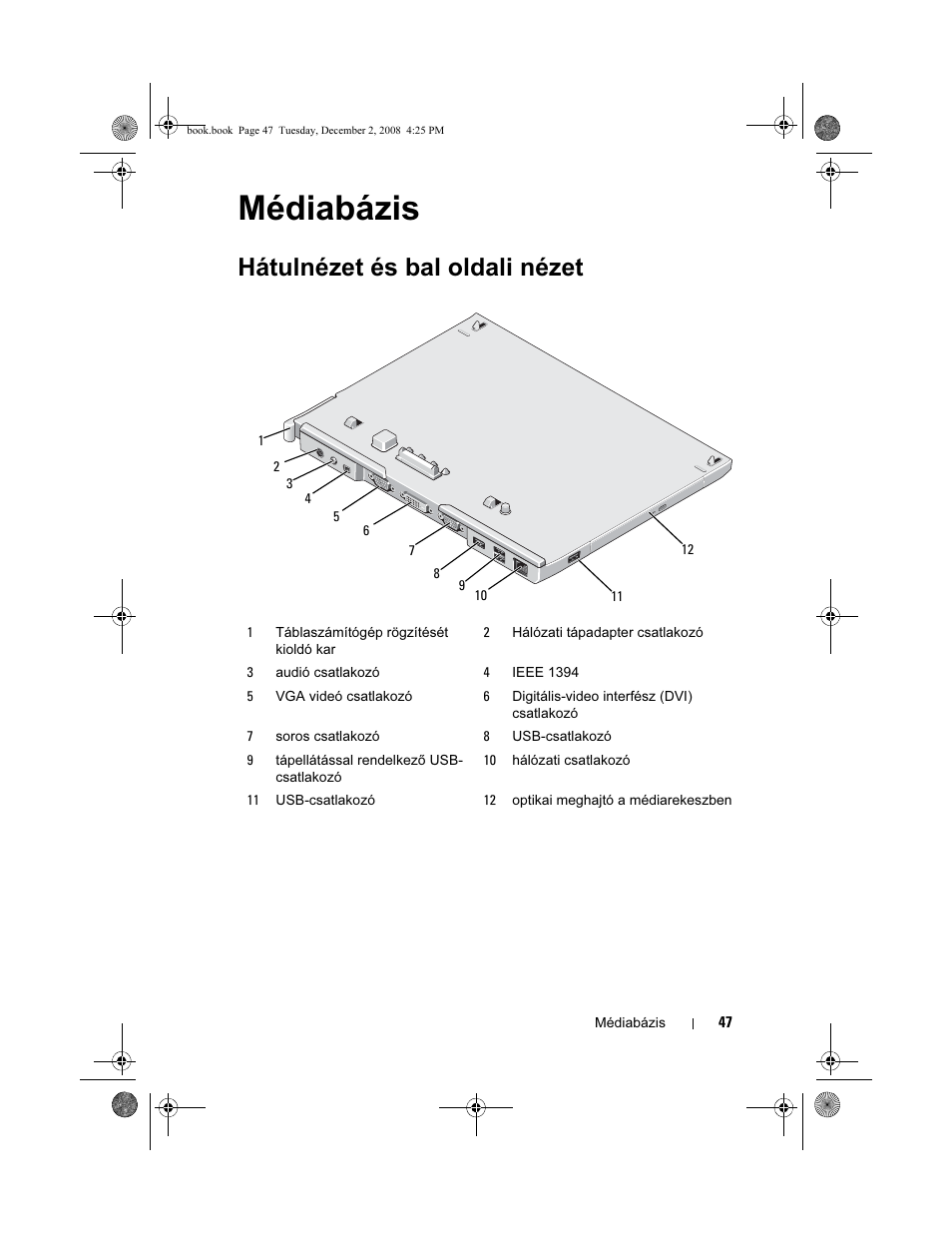 Médiabázis, Hátulnézet és bal oldali nézet | Dell Latitude XT2 User Manual | Page 49 / 138