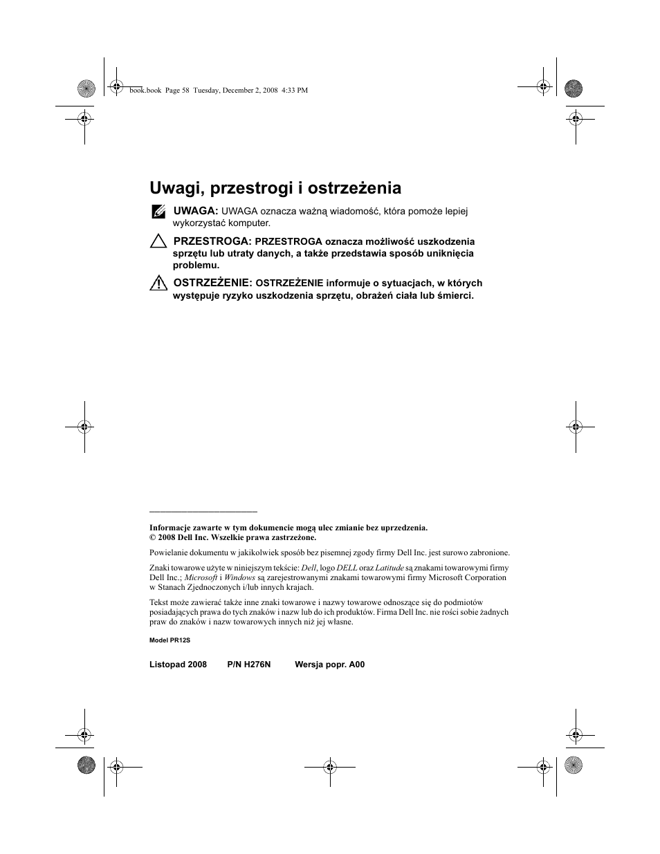 Uwagi, przestrogi i ostrzeżenia | Dell Latitude XT2 User Manual | Page 60 / 138