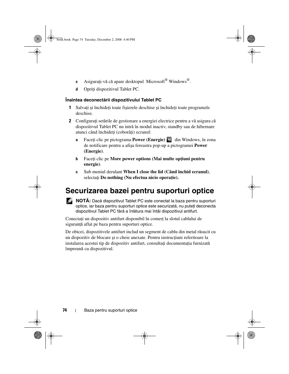 Securizarea bazei pentru suporturi optice | Dell Latitude XT2 User Manual | Page 76 / 138