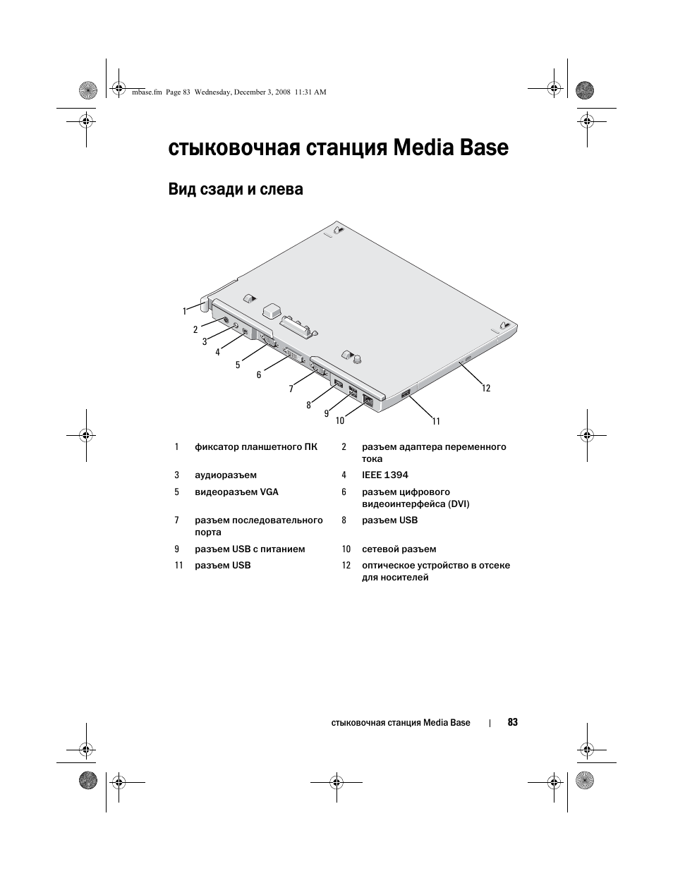 Стыковочная станция media base, Вид сзади и слева | Dell Latitude XT2 User Manual | Page 85 / 138