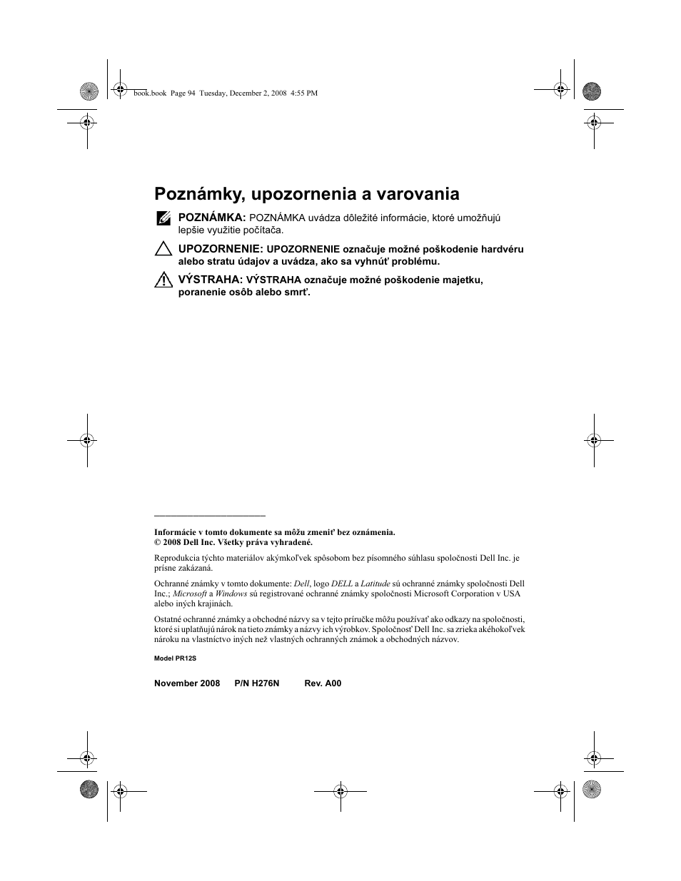 Poznámky, upozornenia a varovania | Dell Latitude XT2 User Manual | Page 96 / 138