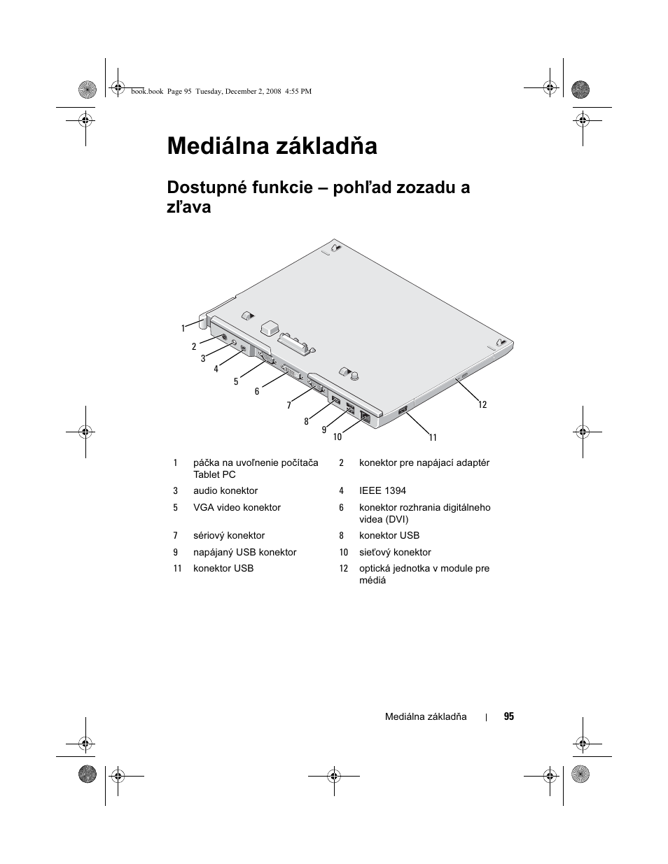 Mediálna základňa, Dostupné funkcie – pohľad zozadu a zľava | Dell Latitude XT2 User Manual | Page 97 / 138