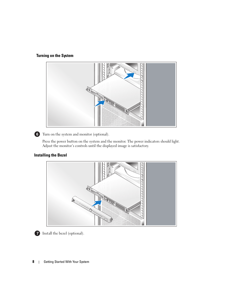 Turning on the system, Installing the bezel | Dell PowerEdge 860 User Manual | Page 10 / 126