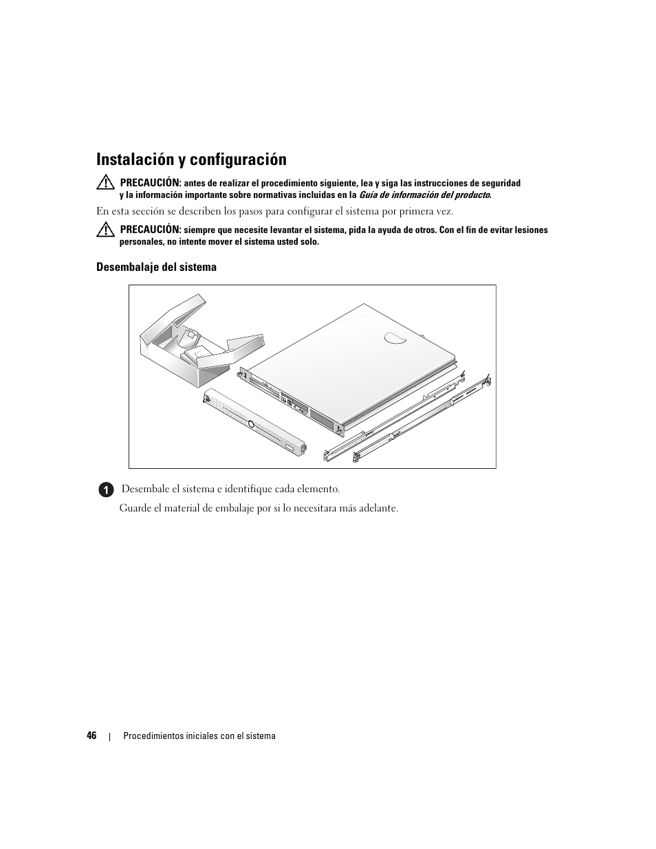 Instalación y configuración, Desembalaje del sistema | Dell PowerEdge 860 User Manual | Page 104 / 126