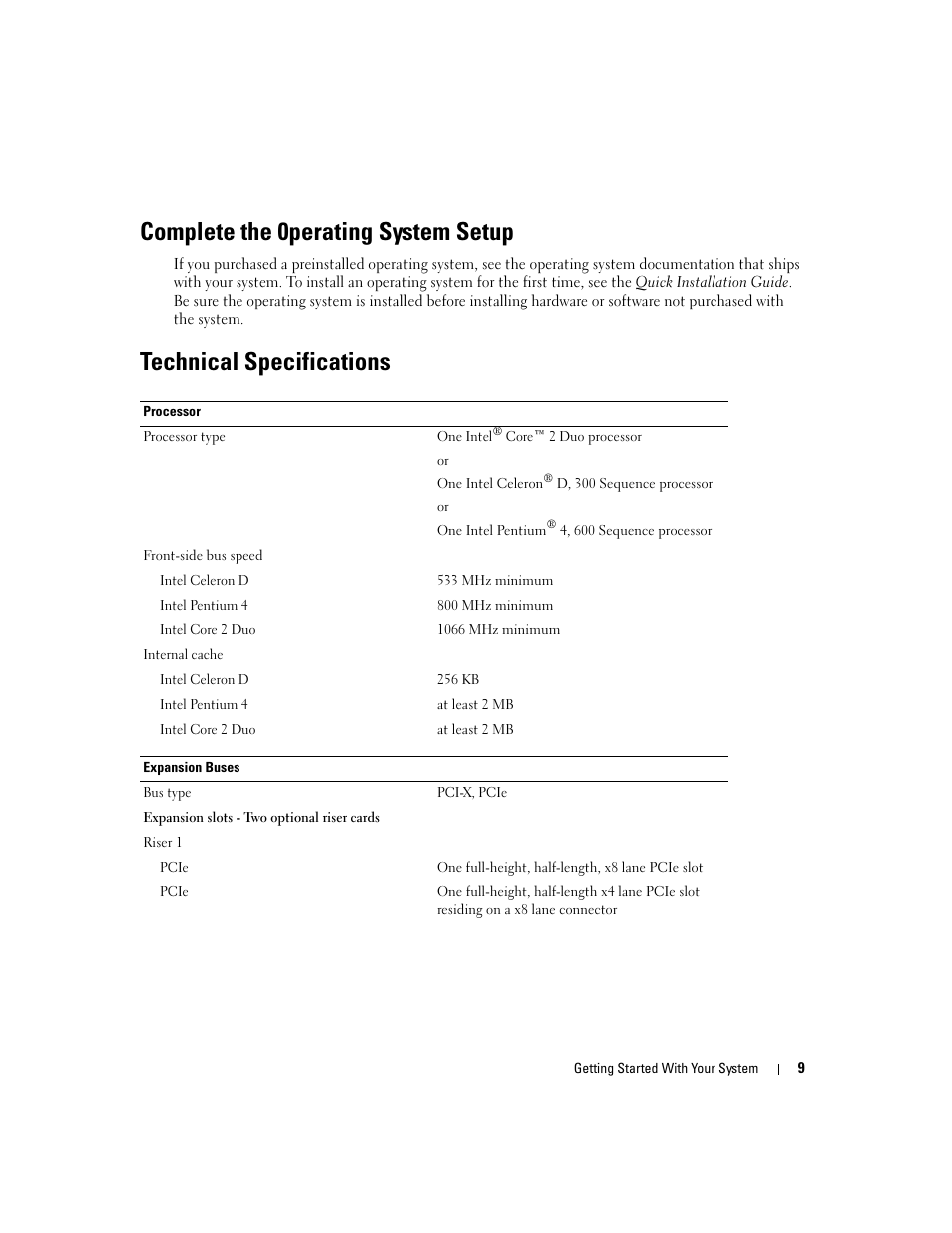 Complete the 0perating system setup, Technical specifications | Dell PowerEdge 860 User Manual | Page 11 / 126