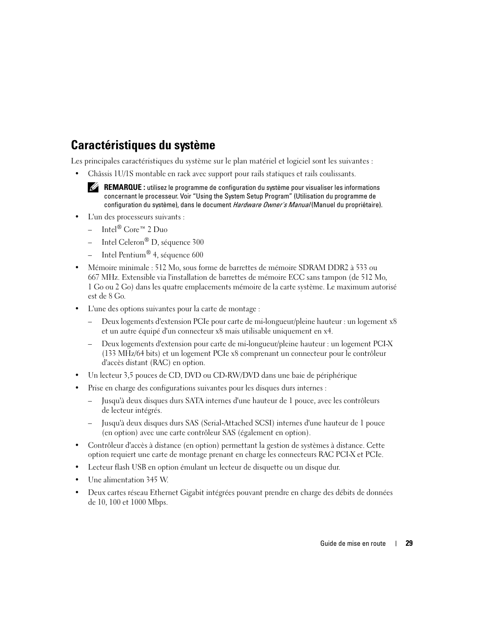 Caractéristiques du système | Dell PowerEdge 860 User Manual | Page 31 / 126