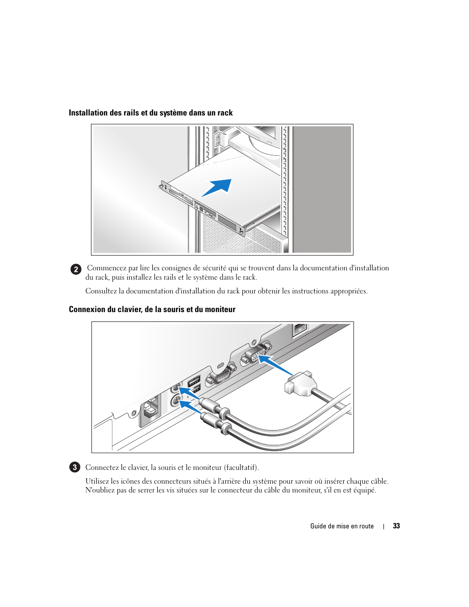 Installation des rails et du système dans un rack, Connexion du clavier, de la souris et du moniteur | Dell PowerEdge 860 User Manual | Page 35 / 126