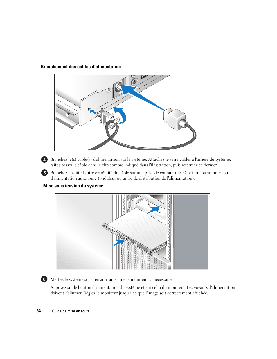 Branchement des câbles d'alimentation, Mise sous tension du système | Dell PowerEdge 860 User Manual | Page 36 / 126