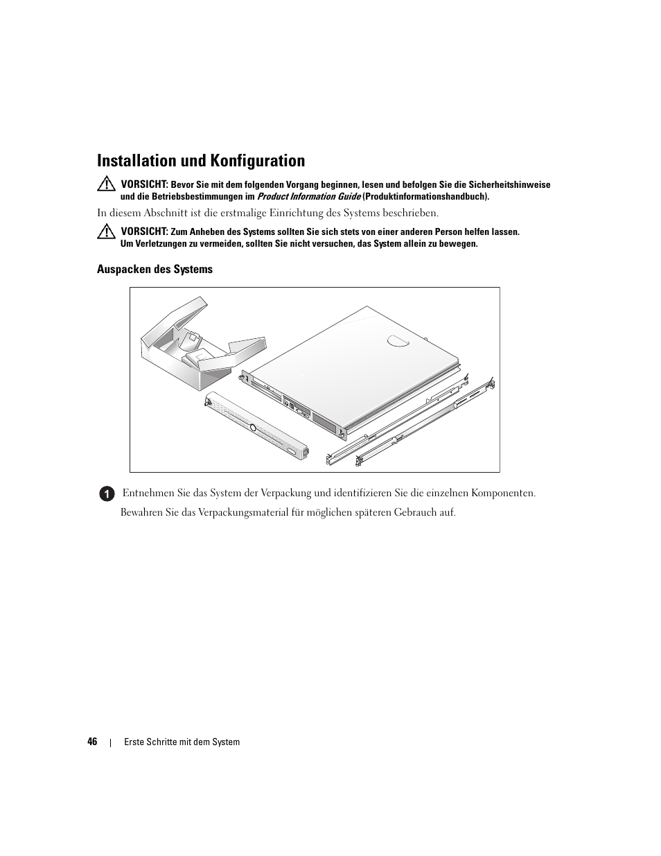 Installation und konfiguration, Auspacken des systems | Dell PowerEdge 860 User Manual | Page 48 / 126