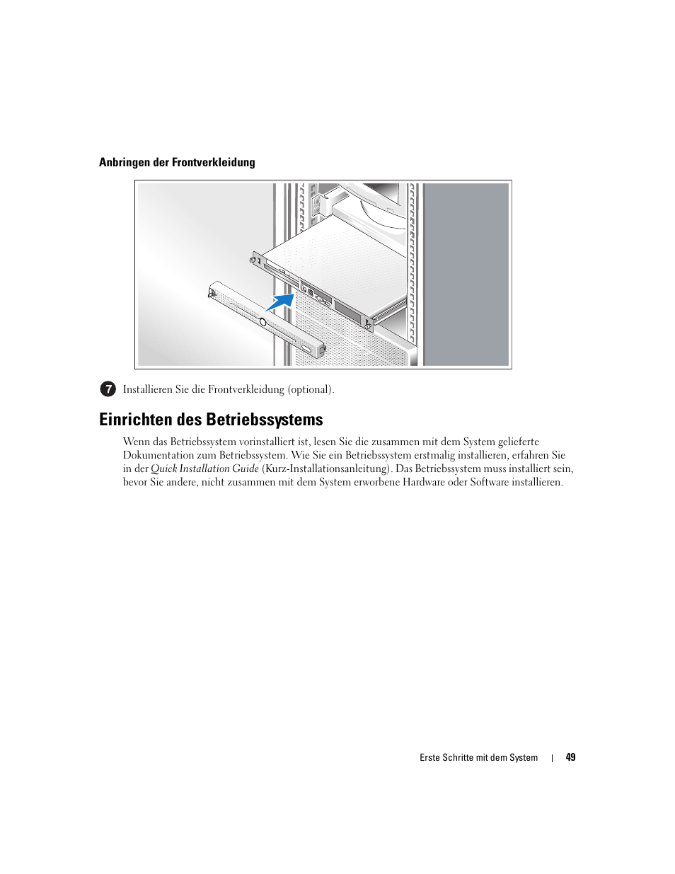 Anbringen der frontverkleidung, Einrichten des betriebssystems | Dell PowerEdge 860 User Manual | Page 51 / 126