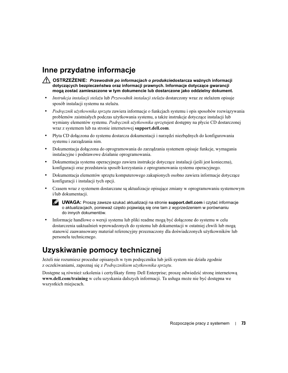 Inne przydatne informacje, Uzyskiwanie pomocy technicznej | Dell PowerEdge 860 User Manual | Page 75 / 126