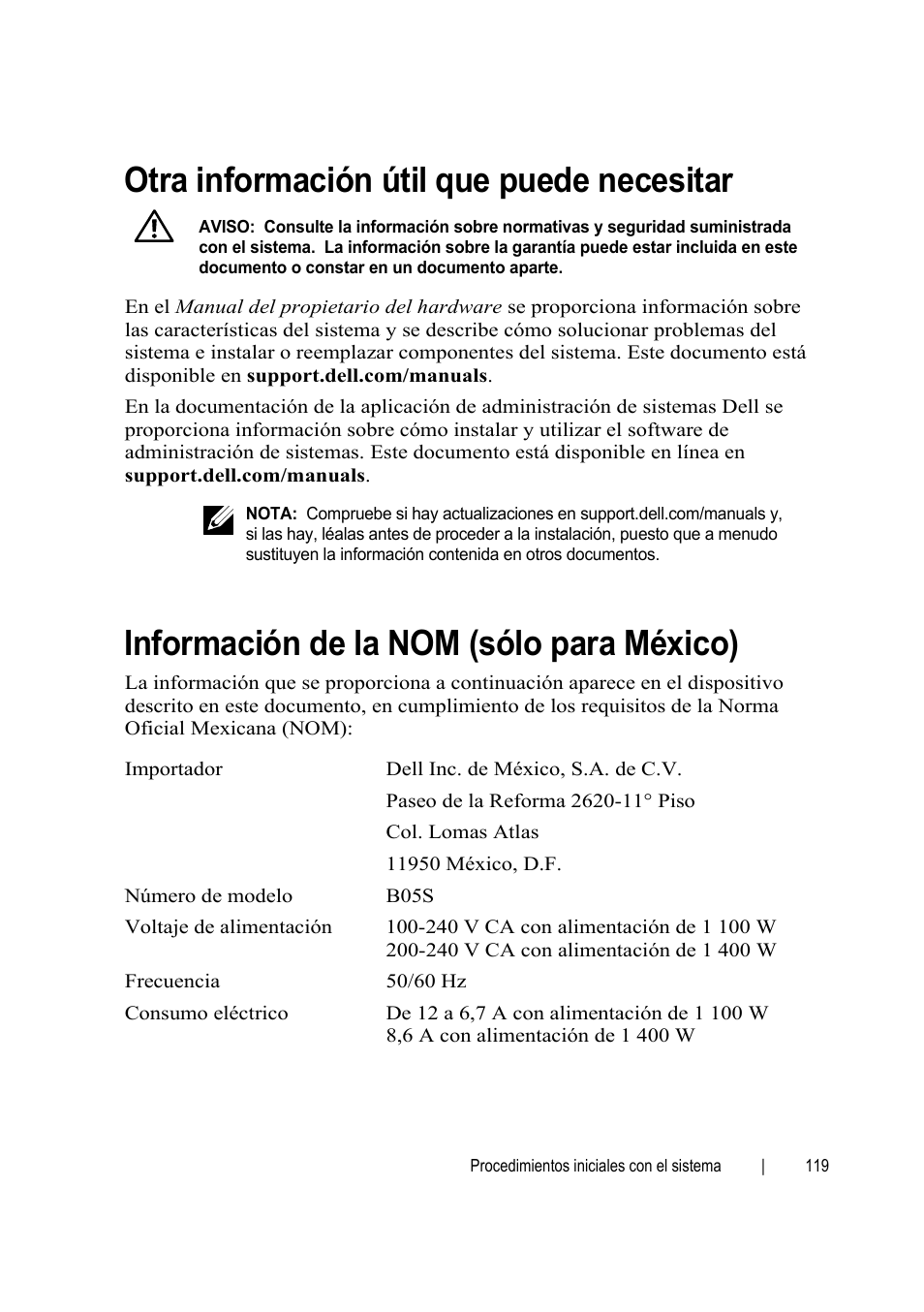 Otra información útil que puede necesitar, Información de la nom (sólo para méxico) | Dell PowerEdge C6145 User Manual | Page 119 / 152