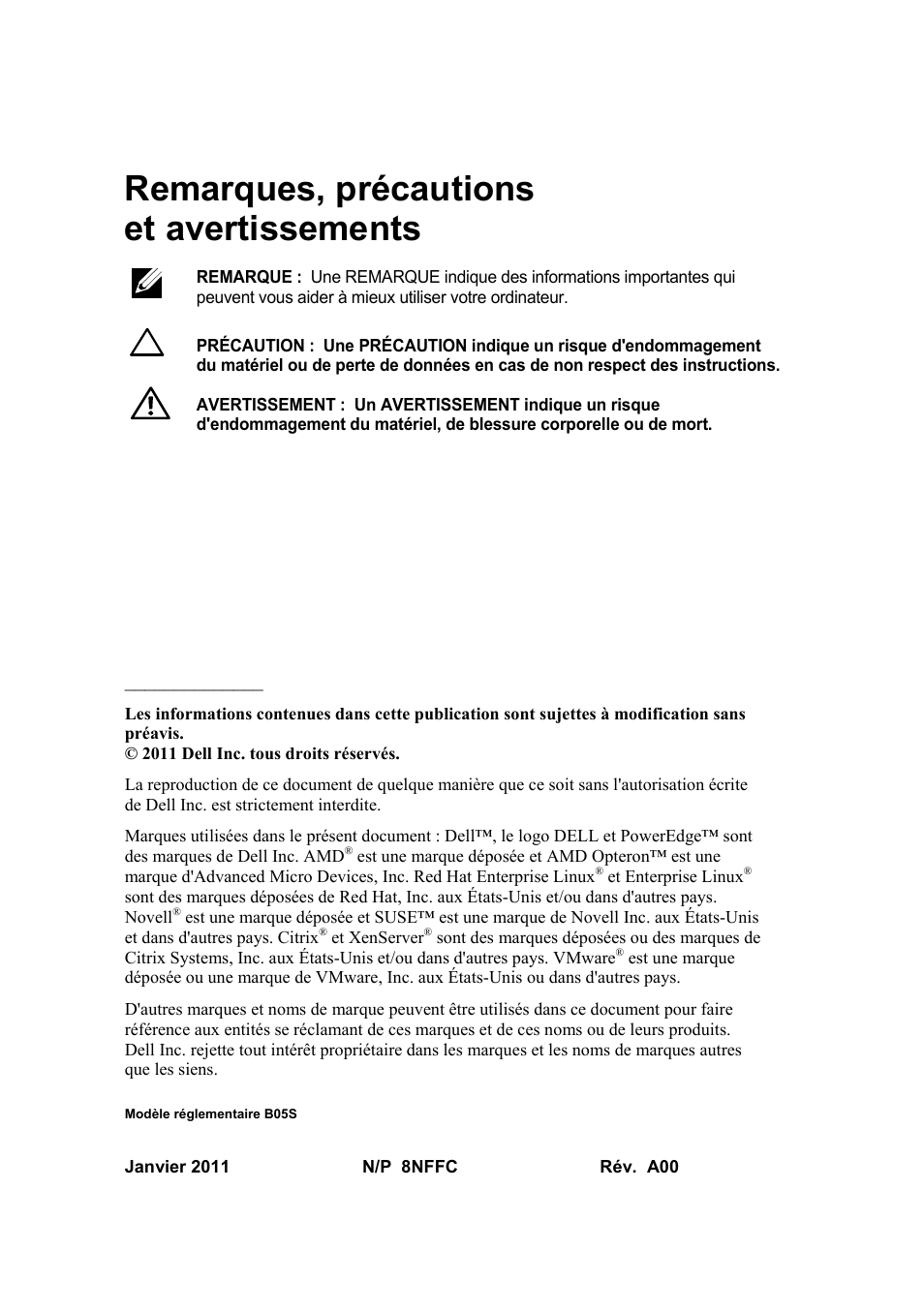 Remarques, précautions et avertissements | Dell PowerEdge C6145 User Manual | Page 32 / 152