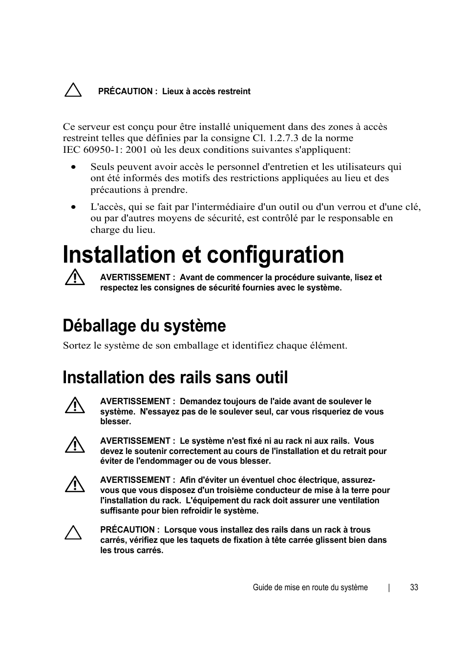 Installation et configuration, Déballage du système, Installation des rails sans outil | Dell PowerEdge C6145 User Manual | Page 33 / 152