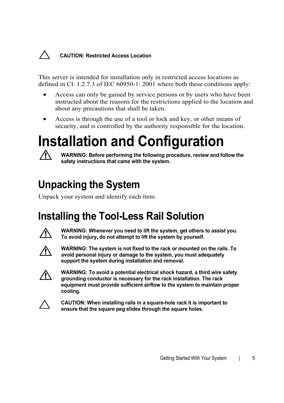 Installation and configuration, Unpacking the system, Installing the tool-less rail solution | Dell PowerEdge C6145 User Manual | Page 5 / 152