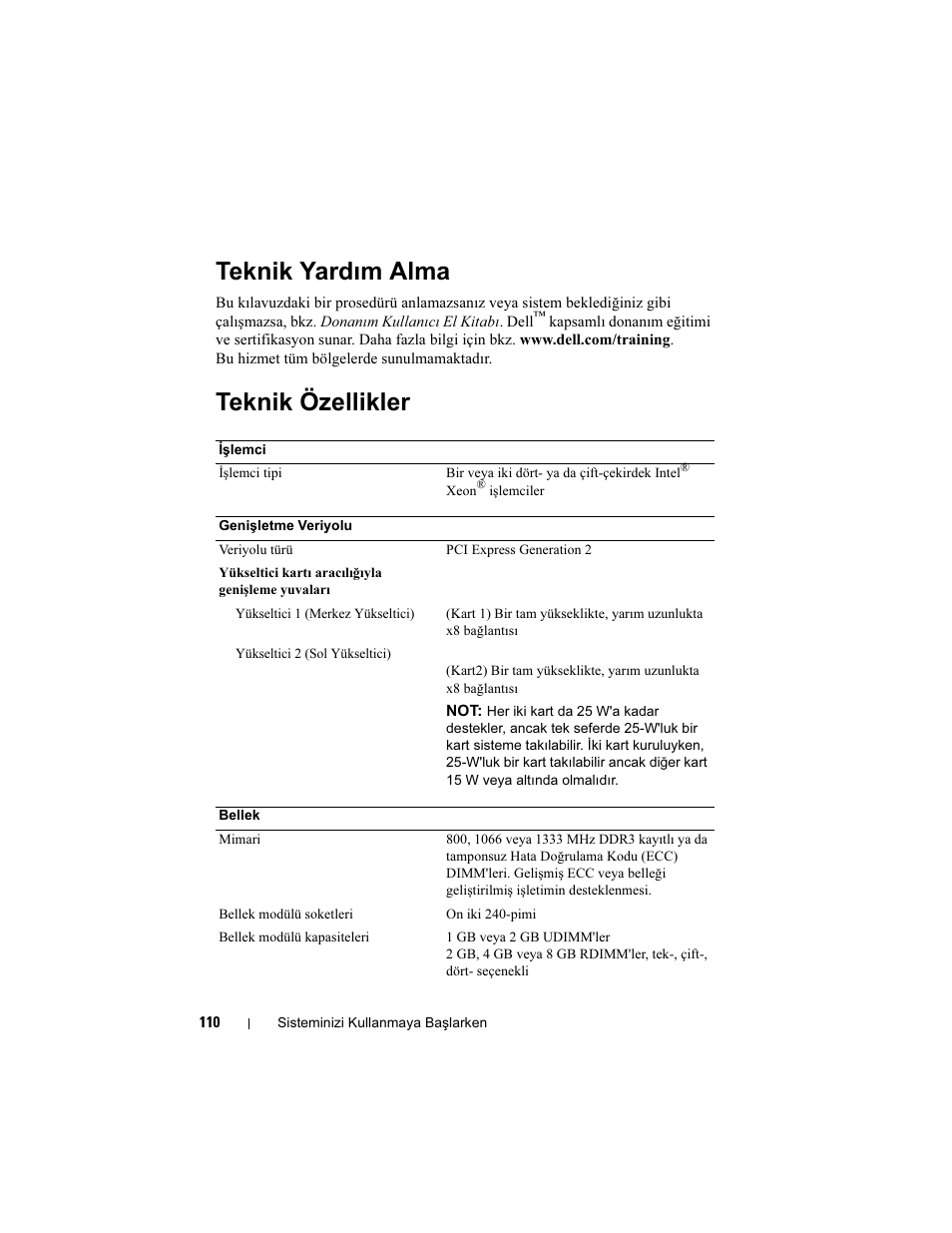 Teknik yardım alma, Teknik özellikler | Dell POWEREDGE R610 User Manual | Page 112 / 128