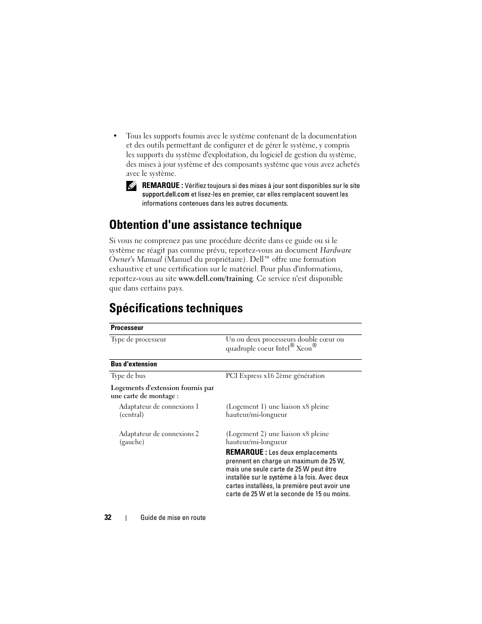 Obtention d'une assistance technique, Spécifications techniques | Dell POWEREDGE R610 User Manual | Page 34 / 128