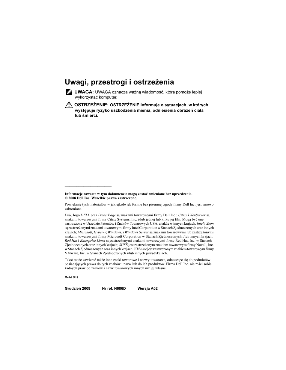 Uwagi, przestrogi i ostrzeżenia | Dell POWEREDGE R610 User Manual | Page 68 / 128