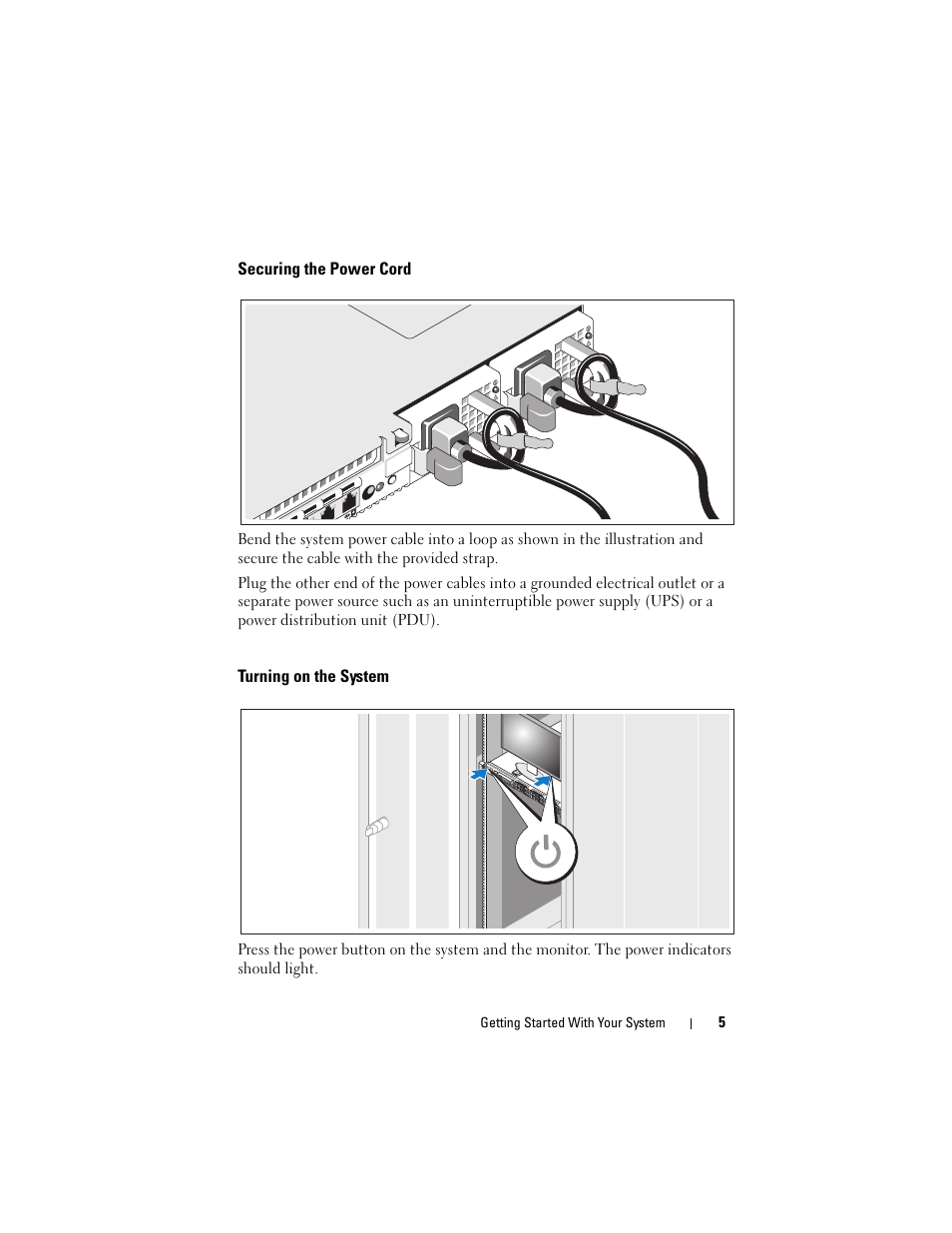 Securing the power cord, Turning on the system | Dell POWEREDGE R610 User Manual | Page 7 / 128
