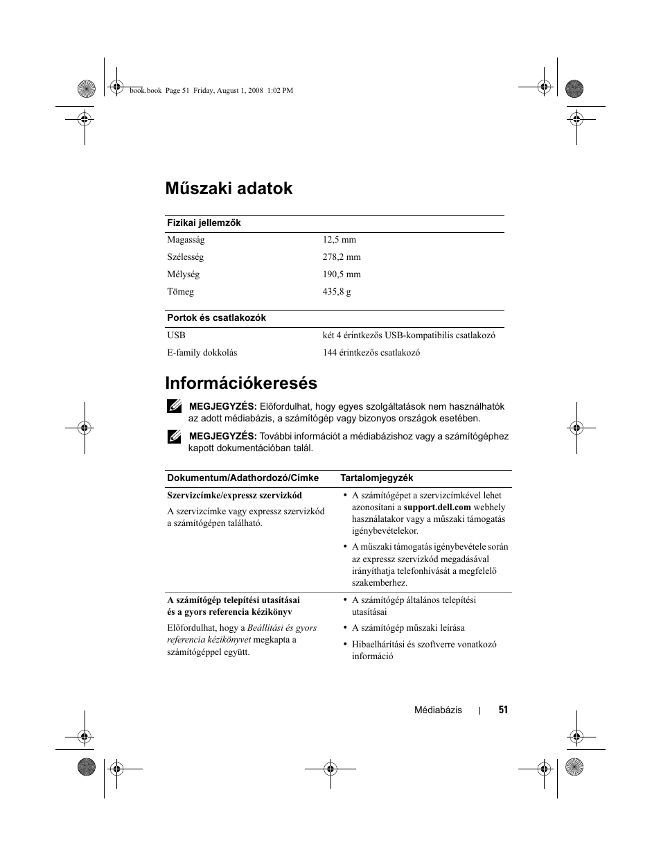 Mûszaki adatok, Információkeresés, Műszaki adatok információkeresés | Dell Latitude E4200 User Manual | Page 53 / 124
