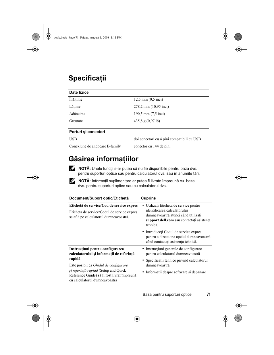 Specificaţii găsirea informaţiilor | Dell Latitude E4200 User Manual | Page 73 / 124