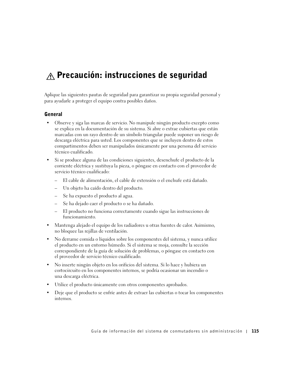 Precaución: instrucciones de seguridad, General | Dell PowerConnect 2508 User Manual | Page 117 / 146