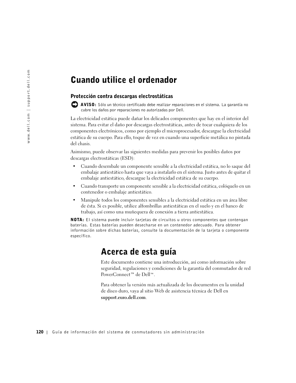 Cuando utilice el ordenador, Protección contra descargas electrostáticas, Acerca de esta guía | Dell PowerConnect 2508 User Manual | Page 122 / 146