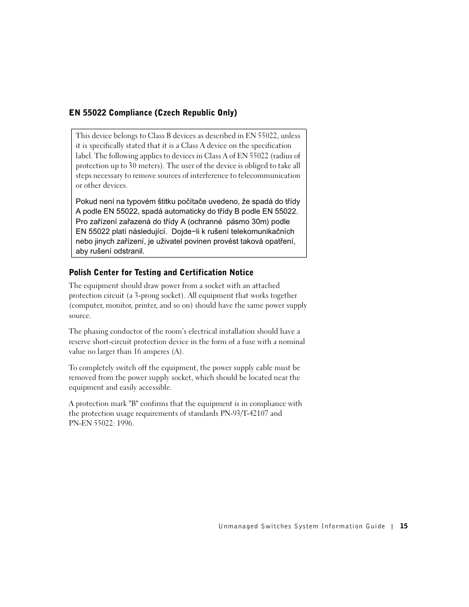 En 55022 compliance (czech republic only), Polish center for testing and certification notice | Dell PowerConnect 2508 User Manual | Page 17 / 146
