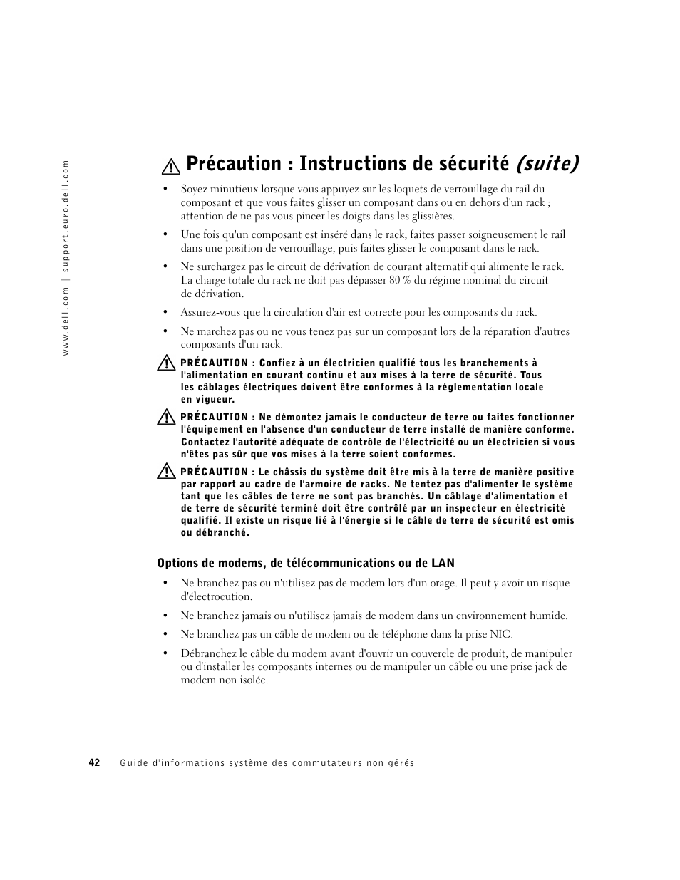 Options de modems, de télécommunications ou de lan, Précaution : instructions de sécurité (suite) | Dell PowerConnect 2508 User Manual | Page 44 / 146