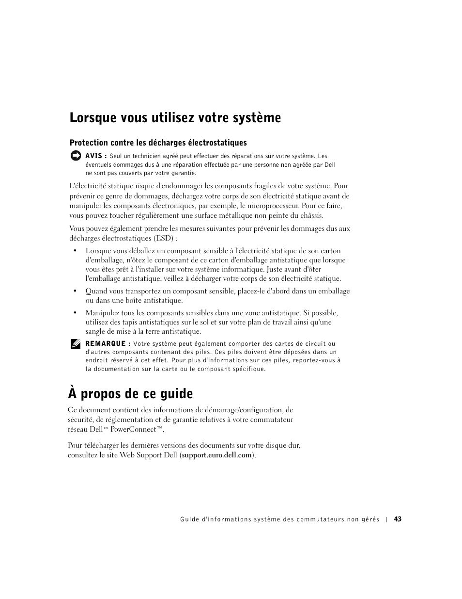 Lorsque vous utilisez votre système, Protection contre les décharges électrostatiques, À propos de ce guide | Dell PowerConnect 2508 User Manual | Page 45 / 146